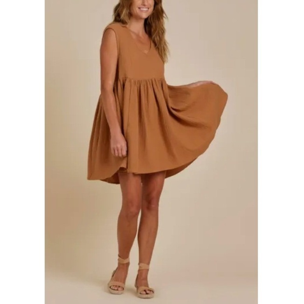 Rylee + Cru Avery Dress‎ Camel Women Cotton Gauze Babydoll V-Neck Sleeveless L
